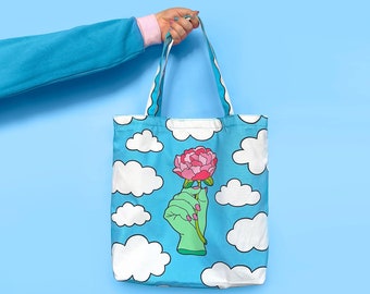 Cloud and Rose Fantasy Illustrated Large Cotton Canvas Tote Bag With Reversible Waterproof Lining with Yellow Chequerboard