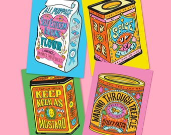 Kitchen Tins Lettering Print Set - Lettering Print Nostalgic Uplifting & Motivational Packaging Puns