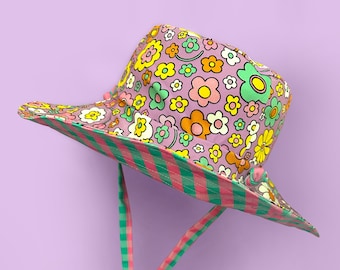 Reversible Two Way Canvas Cotton Festival Sun Hat, Wide Brim Lilac Floral & Check or Chequered Sun-Hat