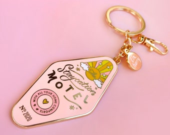 Staycation Motel Keychain - Isolation Keyring - Pastel Pink Purse Charm - Christmas Lockdown Gift