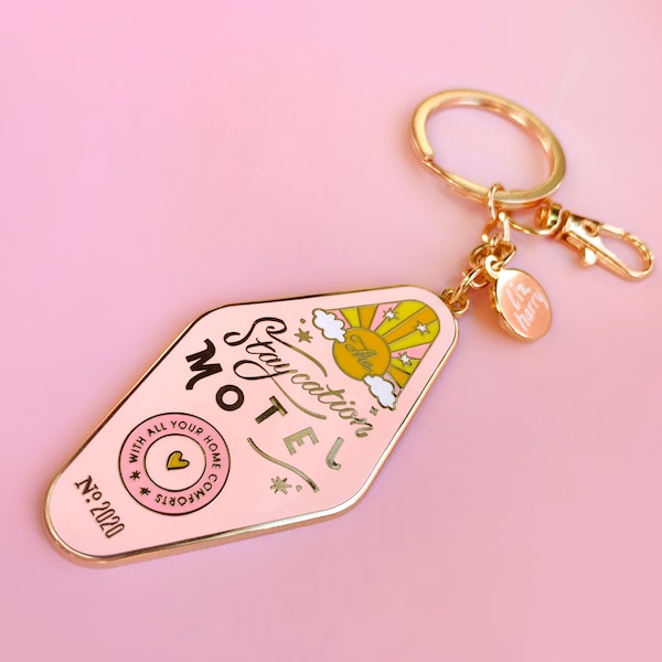 Staycation Motel Keychain - Isolation Keyring - Pastel Pink Purse Charm - Christmas Lockdown Gift