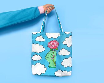 Cloud and Rose Fantasy Illustrated Large Cotton Canvas Tote Bag With Reversible Waterproof Lining with Yellow Chequerboard