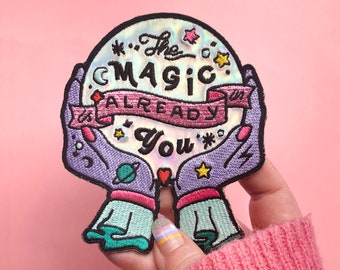 The Magic Is Already In You Pocket Patch - Crystal Ball Embroidered Iron On Patches - Small Jacket Patch - Pastel Witch Patch