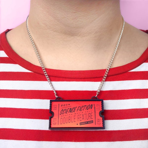 RED Rocky Horror Necklace - Movie Ticket pendant - Laser Cut Necklace - Mirror Necklace - Science Fiction Necklace - Gothic Necklace - RHPS