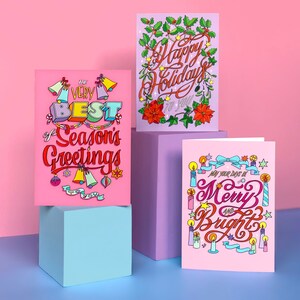 Lot de 3 cartes de Noël avec lettrage festif - Lot de cartes de Noël avec lettrage coloré - Lot de cartes avec expression festive