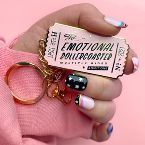 Emotional Rollercoaster Ticket Keychain Mental health Pin Keyring Purse Charm Lockdown Gift Pink