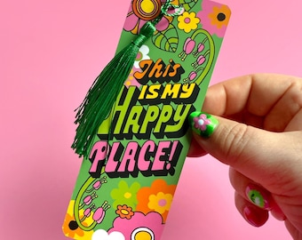 This Is My Happy Place Double-Sided Velvet Laminated Floral Lettering Tassel Bookmark - Calming Phrase Book Girly Reader Bookish Gift