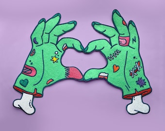 Zombie Heart Hands Patch - Loving Hands Embroidered Iron On Patches - XL Jacket Patch