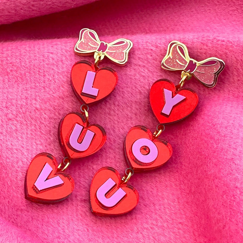 Liebst Du Herz und Schleife Spiegel Acryl Ohrringe 90s Kawaii Valentines Retro Drop Statement Ohrringe Bild 2