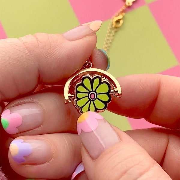 Blooming Flower Spring Enamel Charm Fidget Necklace - Turning Charm Statement Gold OR silver Plated Necklace