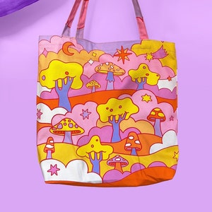 Mushroom Field Fantasy Colourful Illustrated Large Canvas Tote Bag With Waterproof Lining image 5