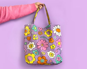 Lilac Multi-Colour Colourful Floral Canvas Tote Bag With Waterproof Lining