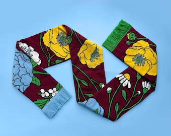 Bufanda vegana de punto con flores Meadows - Bufanda unisex de lana acrílica para adultos - Bufanda ilustrada