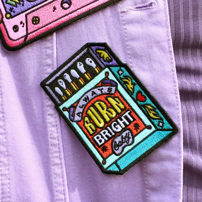 Burn Bright Matchbox Pocket Patch Matchbox Embroidered Iron On Patches Small Jacket Patch Motivational Patch image 1