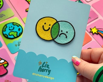 Mixed Emotions Smiley & Frownie Patch, Bright Embroidered Iron-On Patch - Denim Jacket Patches