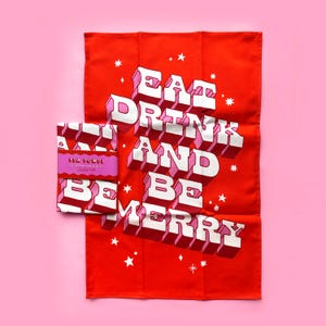Paño de cocina navideño Eat Drink And Be Merry: paño de cocina con ilustraciones navideñas coloridas, 100 % algodón, fabricado en el Reino Unido
