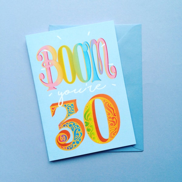 30e verjaardag kaart - BOOM je 30 bent blauwe Birthday Card - 30e verjaardag Card - blauwe dertigste Bday - mijlpaal leeftijd