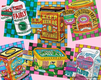 Tea Towel Bundle Deal Of Any 4 - Colourful Illustrated Kitchen Dish Towel 100% Cotton, Made In The UK