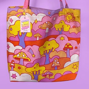Mushroom Field Fantasy Colourful Illustrated Large Canvas Tote Bag With Waterproof Lining image 3