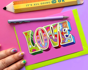 LOVE Retro Lettering Valentines Psychedelic themed Card