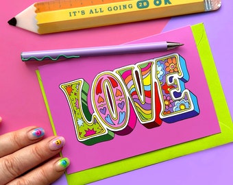 Biglietto d'auguri psichedelico con scritta retrò LOVE per San Valentino