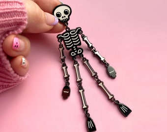 Glow In The Dark Enamel Statement XL Articulated Pin - Gothic Flair Spooky Skeleton Brooch