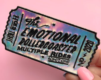 Emotional Rollercoaster Holographic Ticket Patch, Holographic Embroidered Iron-On Patch - Isolation Patch - Covid Patch