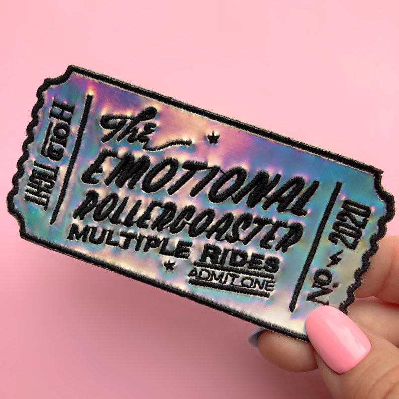 Emotional Rollercoaster Holographic Ticket Patch, Holographic Embroidered Iron-On Patch Isolation Patch Covid Patch image 1