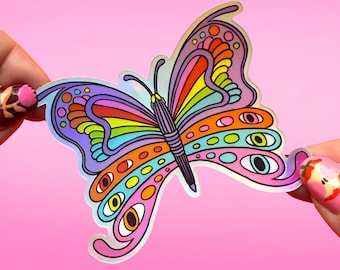 Holographic Psychedelic Rainbow Butterfly Vinyl Sticker - Waterproof Dishwasher Safe Decal