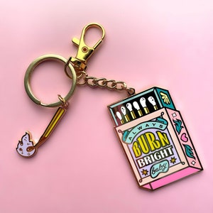 Burn Bright Matchbox Keychain Mental health Keyring Purse Charm PINK & GOLD