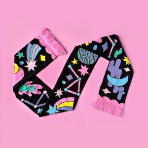 Space Celestial Space Knitted Winter Scarf - Cosmic Planetary Unisex Adult Scarf - Quirky Alternative Scarf