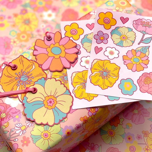 Papier cadeau floral printanier, feuille d'autocollants pour emballage et étiquettes cadeaux - Papier cadeau coloré