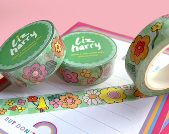 Cartoon Style Floral Washi Tape - Retro Floral Stationery - Gingham Washi - Planner And Bullet Journal Washi