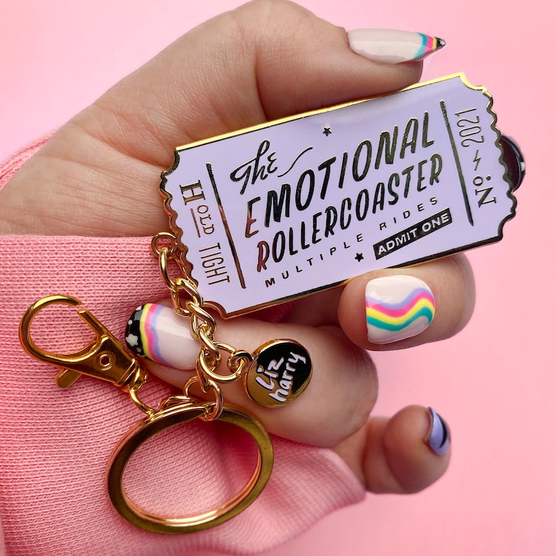 Emotional Rollercoaster Ticket Keychain Mental health Pin Keyring Purse Charm Lockdown Gift Lilac