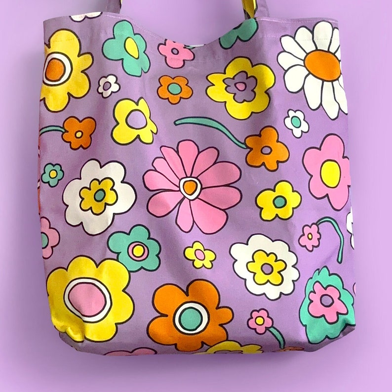 Lilac Y2K 90s Style Multi-Colour Colourful Floral Canvas Tote Bag With Waterproof Lining image 2
