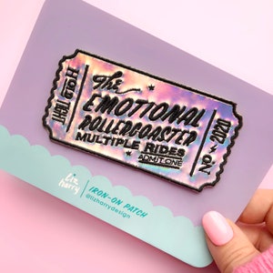 Emotional Rollercoaster Holographic Ticket Patch, Holographic Embroidered Iron-On Patch Isolation Patch Covid Patch image 3