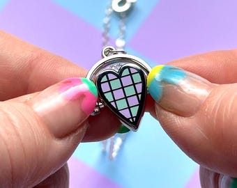 Chequered Heart Enamel Fidget Necklace - Love Themed Charm - Gold OR Silver Plated