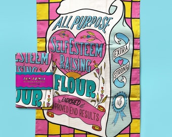 Self Esteem Raising flour Tea Towel - Colourful Illustrated Bakers Kitchen Dish Towel 100% Cotton, Made In The UK