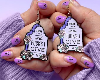 Here Lies Sweary Grave Halloween Earrings - Tomestone Statement Dangle Earrings