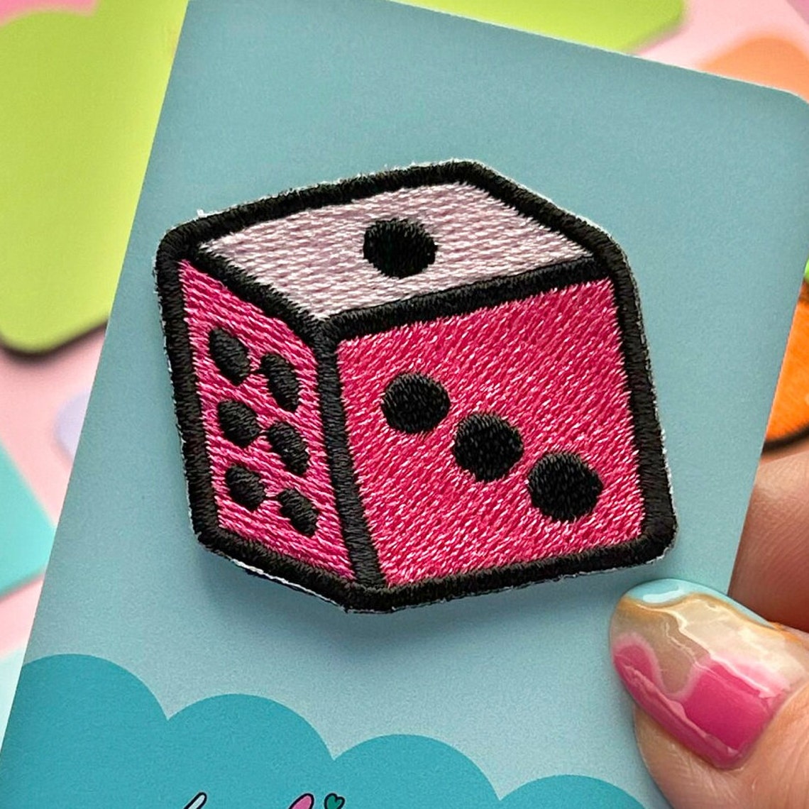 Roll the Dice Patch, Pink Embroidered Iron-on Lapel Patch - Denim ...