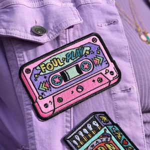 Foul Play Cassette Pocket Patch - 80s Cassette Embroidered Iron On Patches - Small Jacket Patch - Retro Style Patch