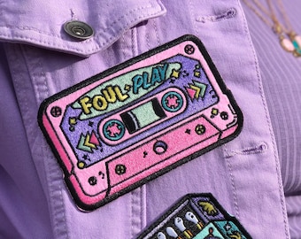 Foul Play Cassette Pocket Patch - 80s Cassette Embroidered Iron On Patches - Small Jacket Patch - Retro Style Patch