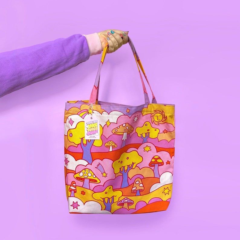 Mushroom Field Fantasy Colourful Illustrated Large Canvas Tote Bag With Waterproof Lining image 1