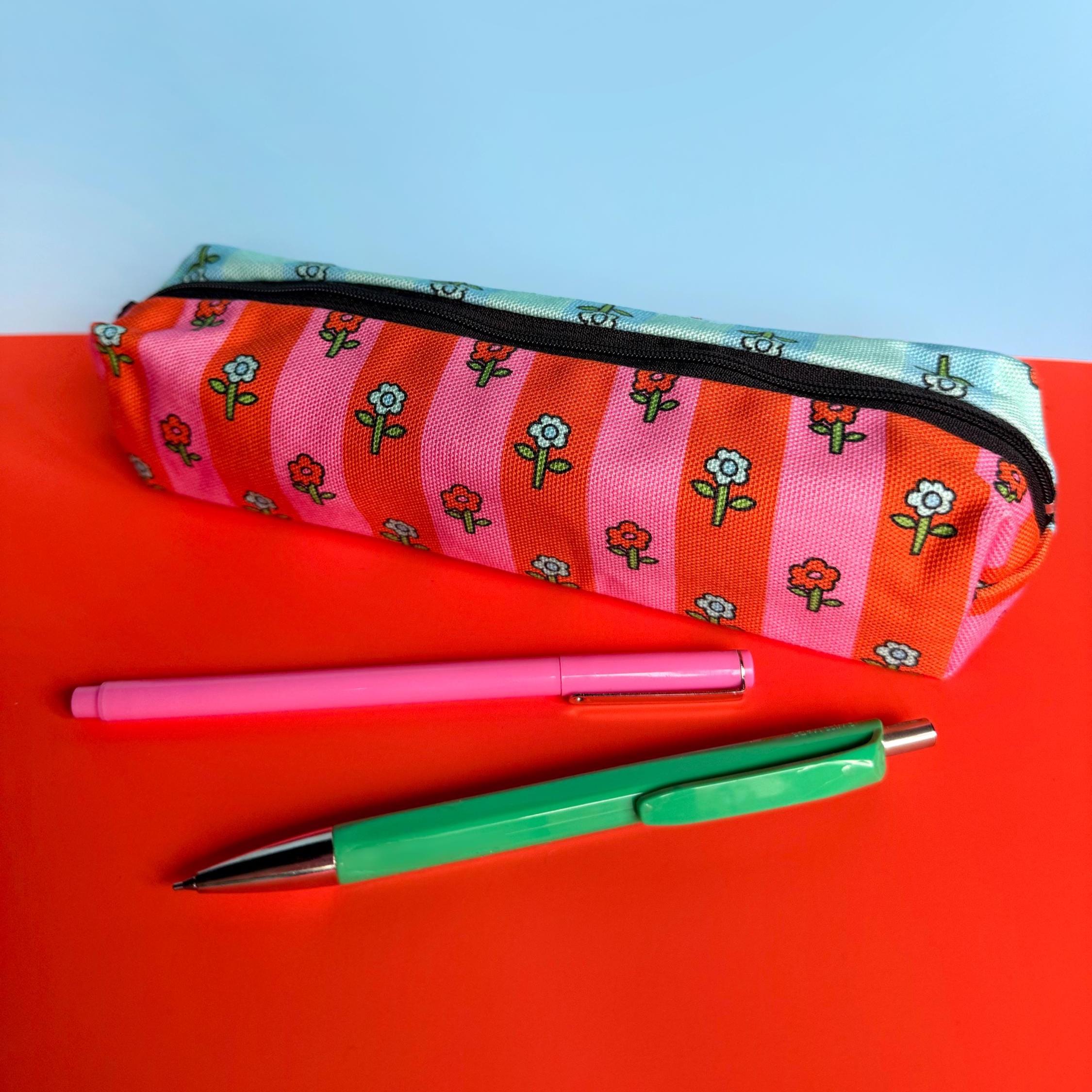 Flower Stripe Pencil Zipper Pouch Travel Organiser Pencil Case