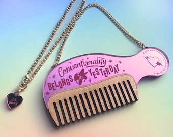 Comb Necklace - Laser Cut Necklace - Pastel Necklace - Marble Necklace - Grease Necklace - Statement Necklace - Wooden Comb - Pink Ladies