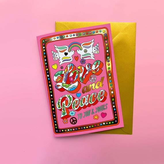 Love and Peace Christmas Card - Gold Foil Colourful Lettering Christmas Card - Retro Card