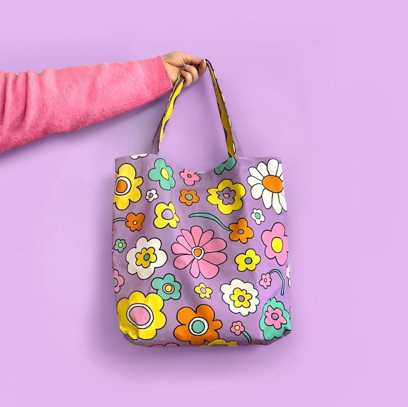 Lilac Y2K 90s Style Multi-Colour Colourful Floral Canvas Tote Bag With Waterproof Lining image 1