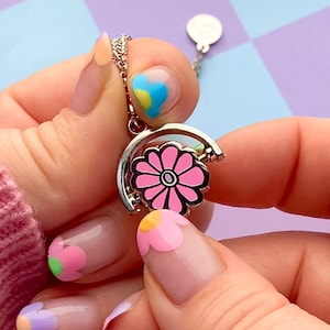 Blooming Flower Spring Enamel Charm Fidget Necklace - Turning Charm Statement Gold OR silver Plated Necklace