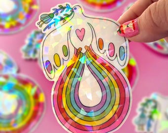 Rainbow Dove LGBTQ+ Vinyl Sticker - Transparent & Cracked Ice Rainbow Finish - Waterproof Dishwasher Safe