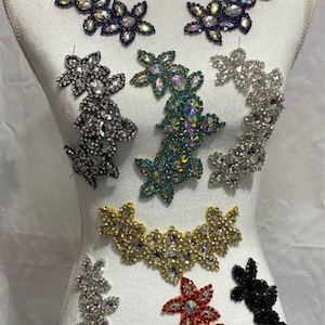 7-Colors- Beaded Crystal Rhinestone Applique, Patch for Bridal and evening dresses, belts, customs, decorations, 6.5X2.5&quot;Hot Fix/Sew On, 2pc